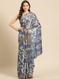 Blue Silk Blend Digital Print Floral Saree with Unstitched Blouse - Hiral Fashion