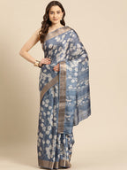 Blue Silk Blend Digital Print Floral Saree with Unstitched Blouse - Hiral Fashion