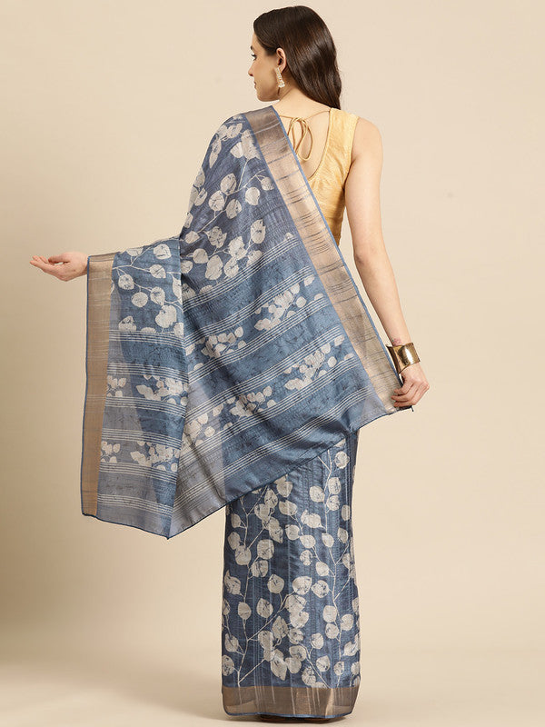 Blue Silk Blend Digital Print Floral Saree with Unstitched Blouse - Hiral Fashion