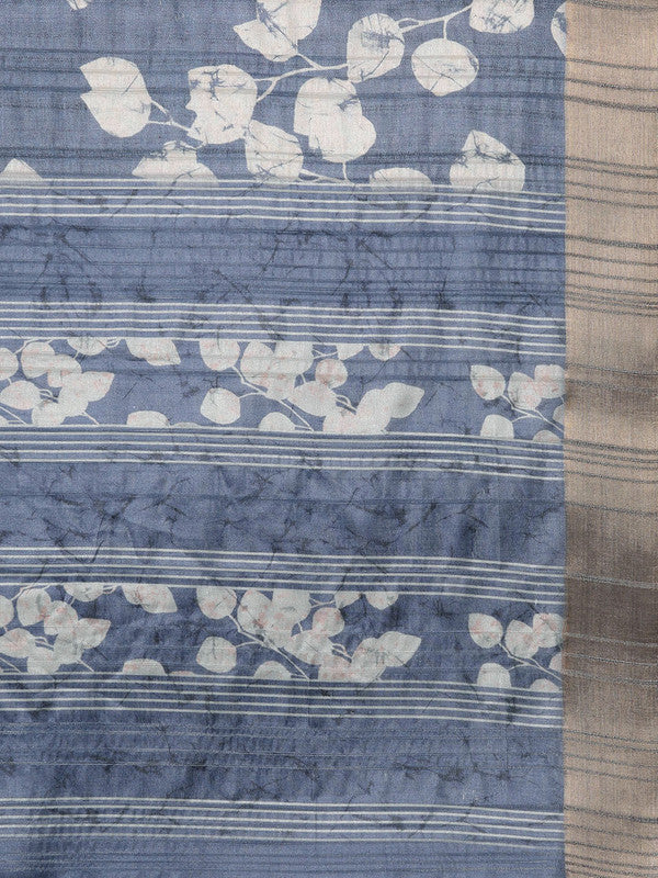 Blue Silk Blend Digital Print Floral Saree with Unstitched Blouse - Hiral Fashion