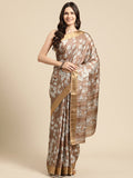 Brown Silk Blend Digital Print Floral Saree with Unstitched Blouse - Hiral Fashion