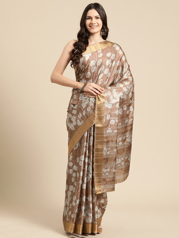 Brown Silk Blend Digital Print Floral Saree with Unstitched Blouse - Hiral Fashion