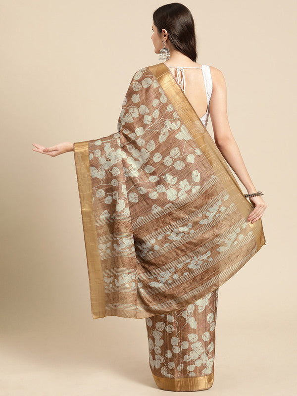 Brown Silk Blend Digital Print Floral Saree with Unstitched Blouse - Hiral Fashion