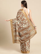 Brown Silk Blend Digital Print Floral Saree with Unstitched Blouse - Hiral Fashion