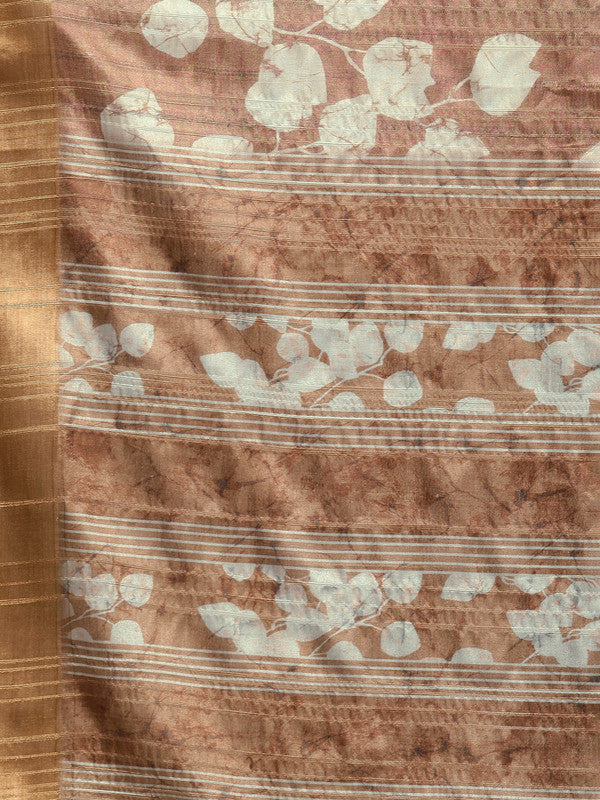 Brown Silk Blend Digital Print Floral Saree with Unstitched Blouse - Hiral Fashion