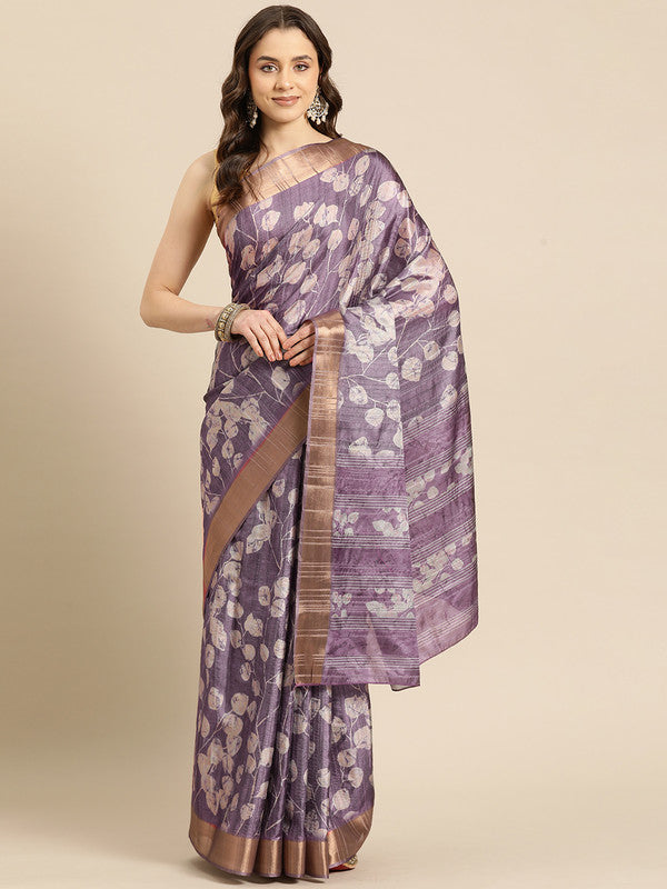 Lavender Silk Blend Digital Print Floral Saree with Unstitched Blouse - Hiral Fashion