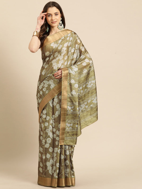 Olive Silk Blend Digital Print Floral Saree with Unstitched Blouse - Hiral Fashion