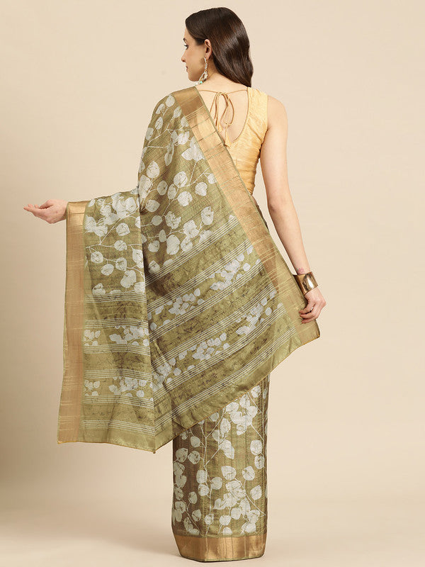 Olive Silk Blend Digital Print Floral Saree with Unstitched Blouse - Hiral Fashion