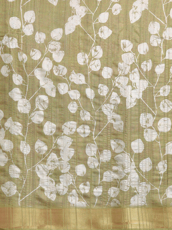 Olive Silk Blend Digital Print Floral Saree with Unstitched Blouse - Hiral Fashion