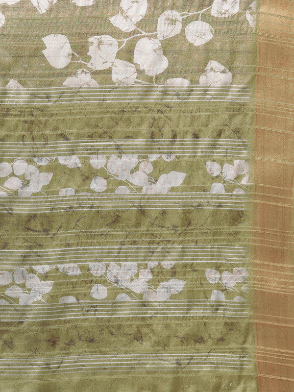 Olive Silk Blend Digital Print Floral Saree with Unstitched Blouse - Hiral Fashion