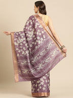 Purple Silk Blend Digital Print Floral Saree with Unstitched Blouse - Hiral Fashion
