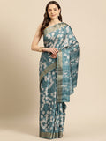 Turquoise Silk Blend Digital Print Floral Saree with Unstitched Blouse - Hiral Fashion