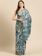 Turquoise Silk Blend Digital Print Floral Saree with Unstitched Blouse - Hiral Fashion
