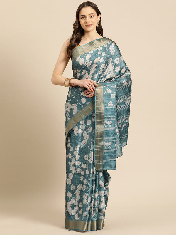 Turquoise Silk Blend Digital Print Floral Saree with Unstitched Blouse - Hiral Fashion