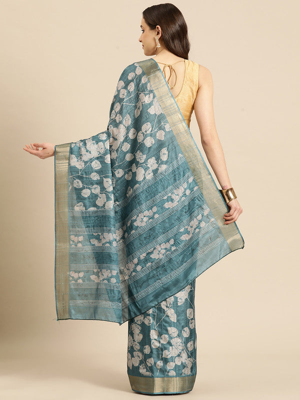 Turquoise Silk Blend Digital Print Floral Saree with Unstitched Blouse - Hiral Fashion
