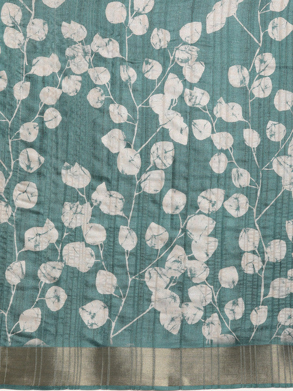 Turquoise Silk Blend Digital Print Floral Saree with Unstitched Blouse - Hiral Fashion