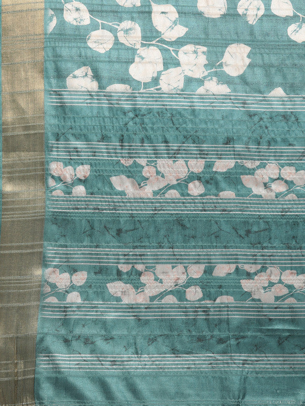 Turquoise Silk Blend Digital Print Floral Saree with Unstitched Blouse - Hiral Fashion