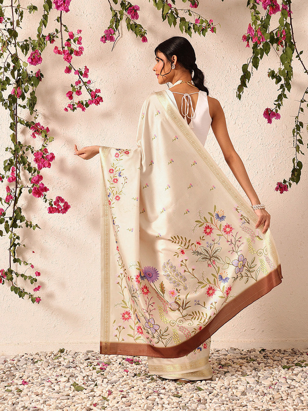 Hiral Fashion Beige Banarasi Art Silk Floral Digital Printed Saree