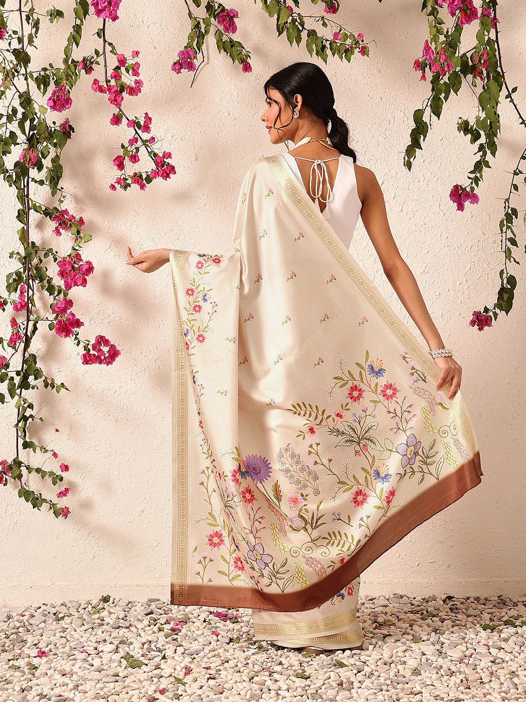 Hiral Fashion Beige Banarasi Art Silk Floral Digital Printed Saree