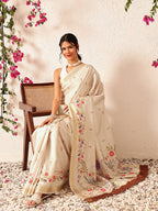 Hiral Fashion Beige Banarasi Art Silk Floral Digital Printed Saree