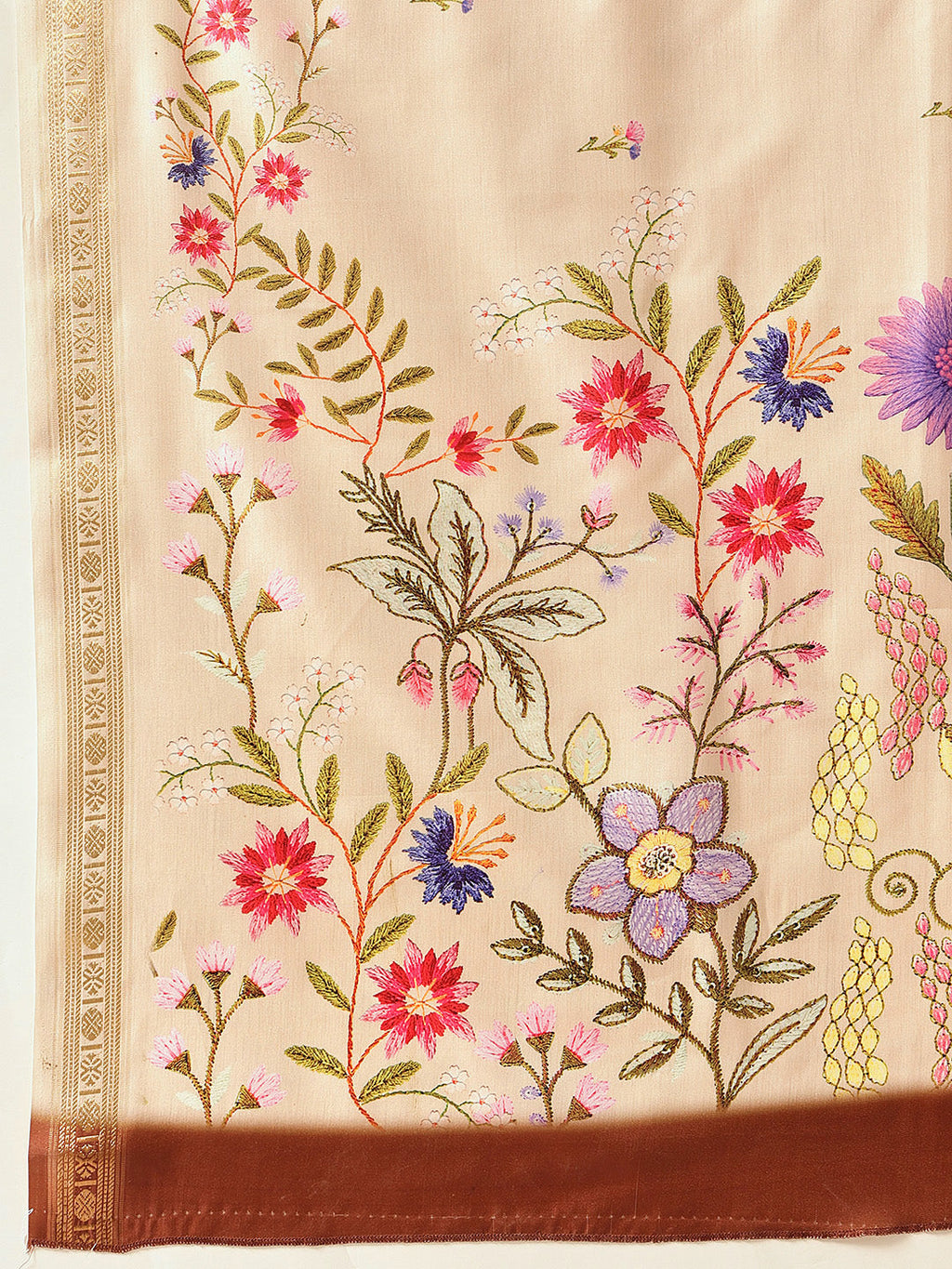 Hiral Fashion Beige Banarasi Art Silk Floral Digital Printed Saree