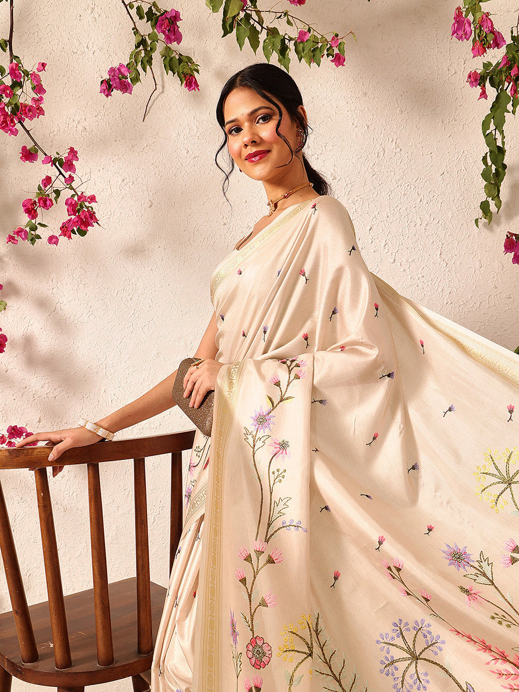 Hiral Fashion Beige Banarasi Art Silk Floral Digital Printed Saree