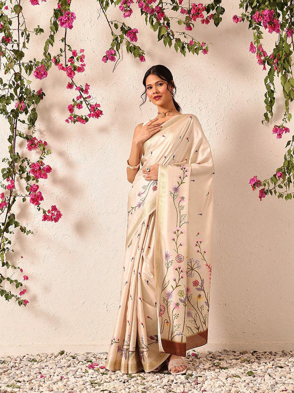 Hiral Fashion Beige Banarasi Art Silk Floral Digital Printed Saree