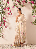 Hiral Fashion Beige Banarasi Art Silk Floral Digital Printed Saree