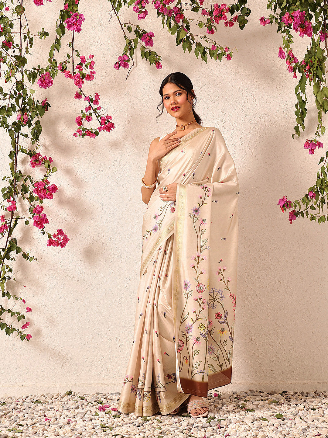 Hiral Fashion Beige Banarasi Art Silk Floral Digital Printed Saree