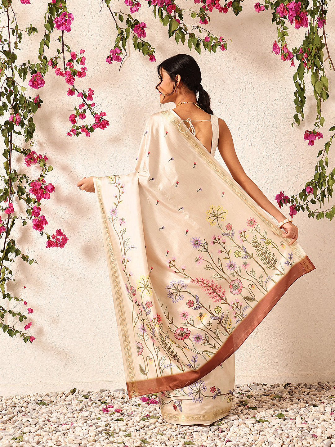 Hiral Fashion Beige Banarasi Art Silk Floral Digital Printed Saree