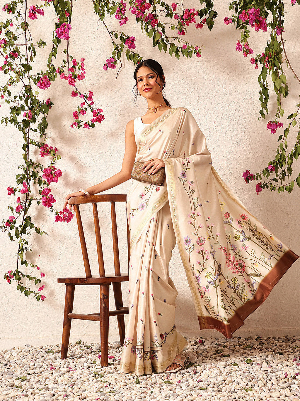 Hiral Fashion Beige Banarasi Art Silk Floral Digital Printed Saree