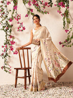 Hiral Fashion Beige Banarasi Art Silk Floral Digital Printed Saree