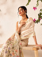 Hiral Fashion Beige Banarasi Art Silk Floral Digital Printed Saree