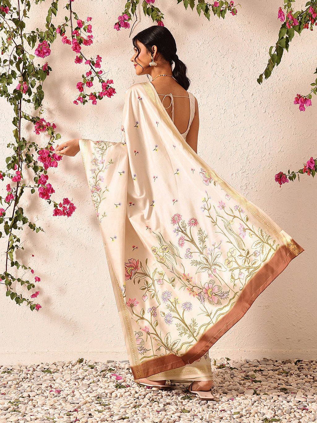 Hiral Fashion Beige Banarasi Art Silk Floral Digital Printed Saree