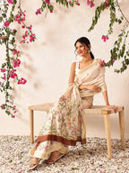 Hiral Fashion Beige Banarasi Art Silk Floral Digital Printed Saree