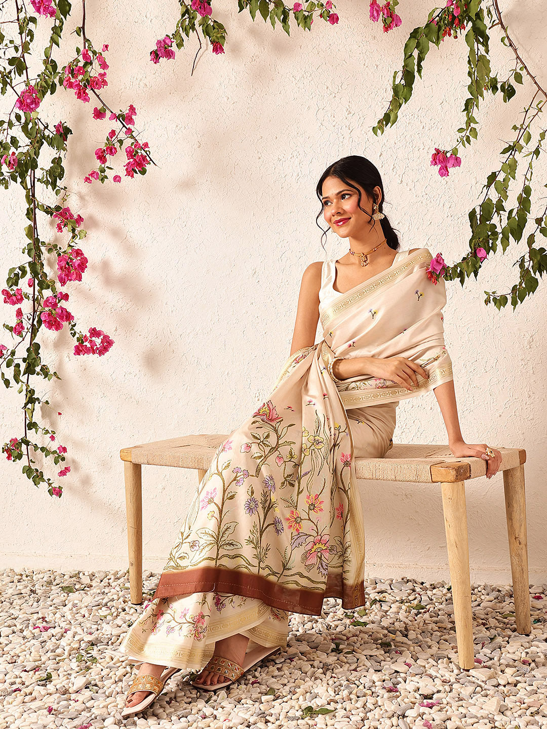 Hiral Fashion Beige Banarasi Art Silk Floral Digital Printed Saree