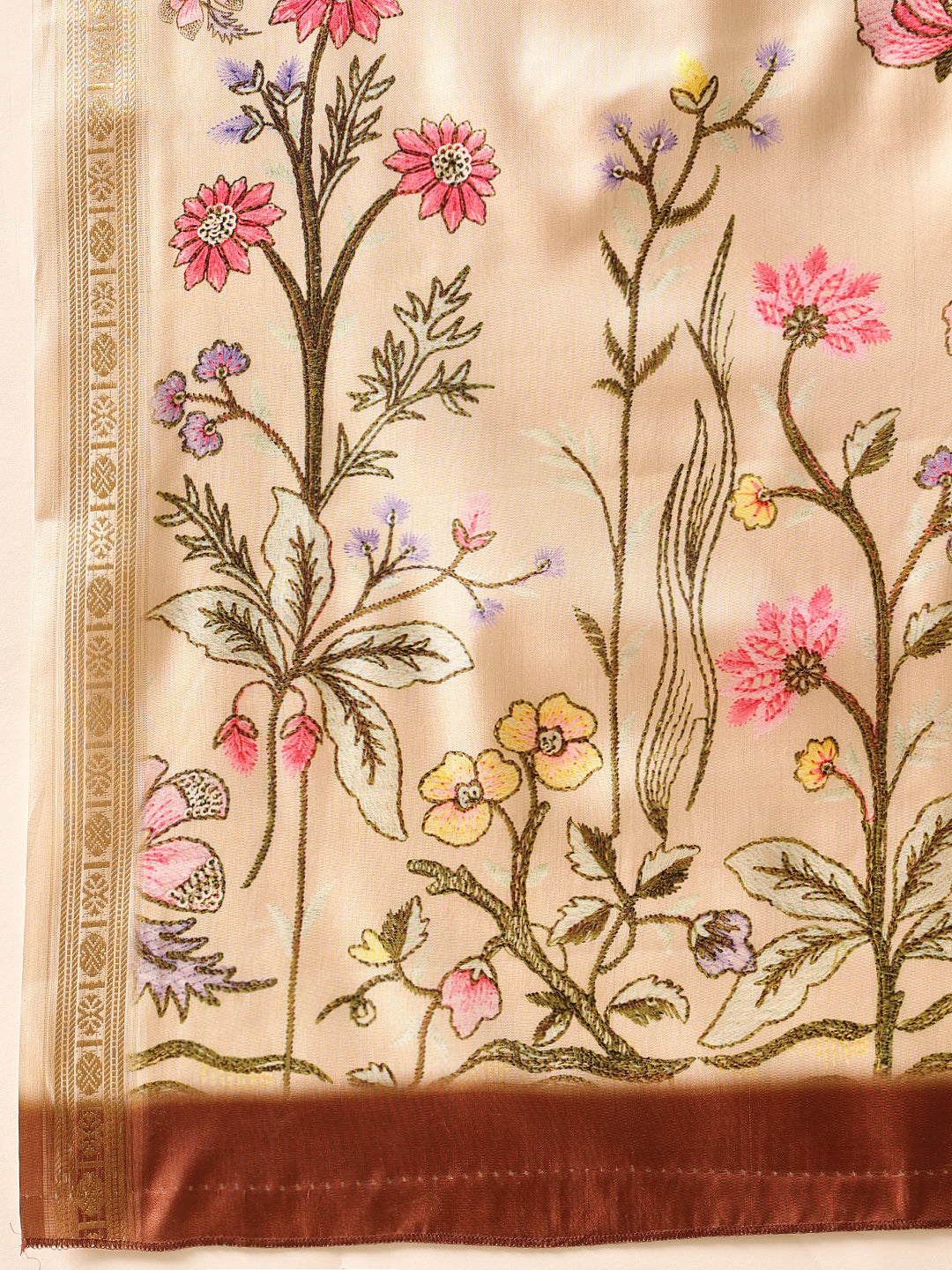 Hiral Fashion Beige Banarasi Art Silk Floral Digital Printed Saree