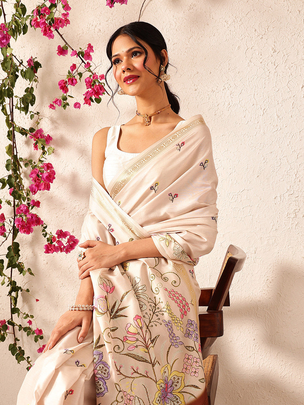 Hiral Fashion Beige Banarasi Art Silk Floral Digital Printed Saree