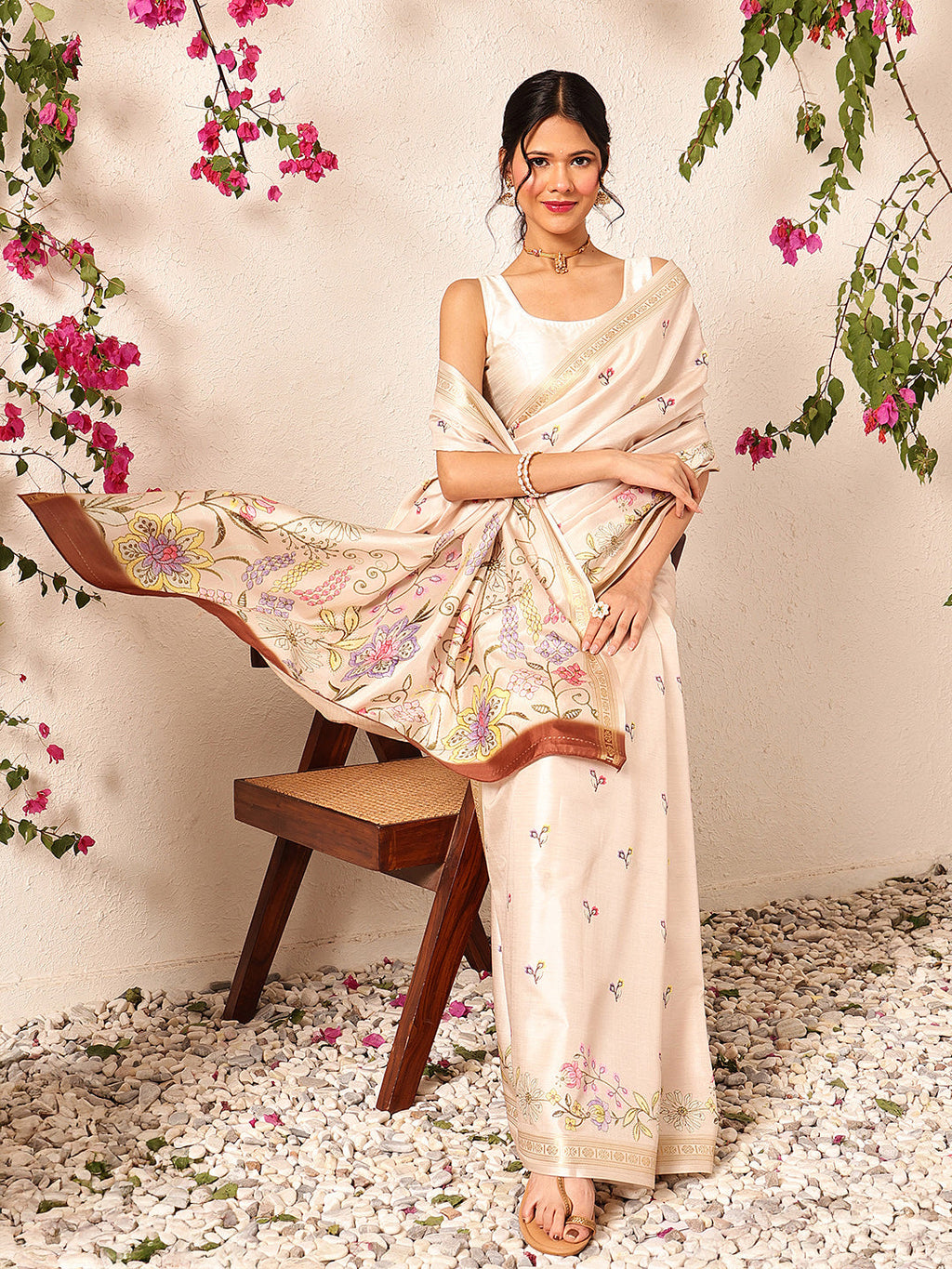 Hiral Fashion Beige Banarasi Art Silk Floral Digital Printed Saree