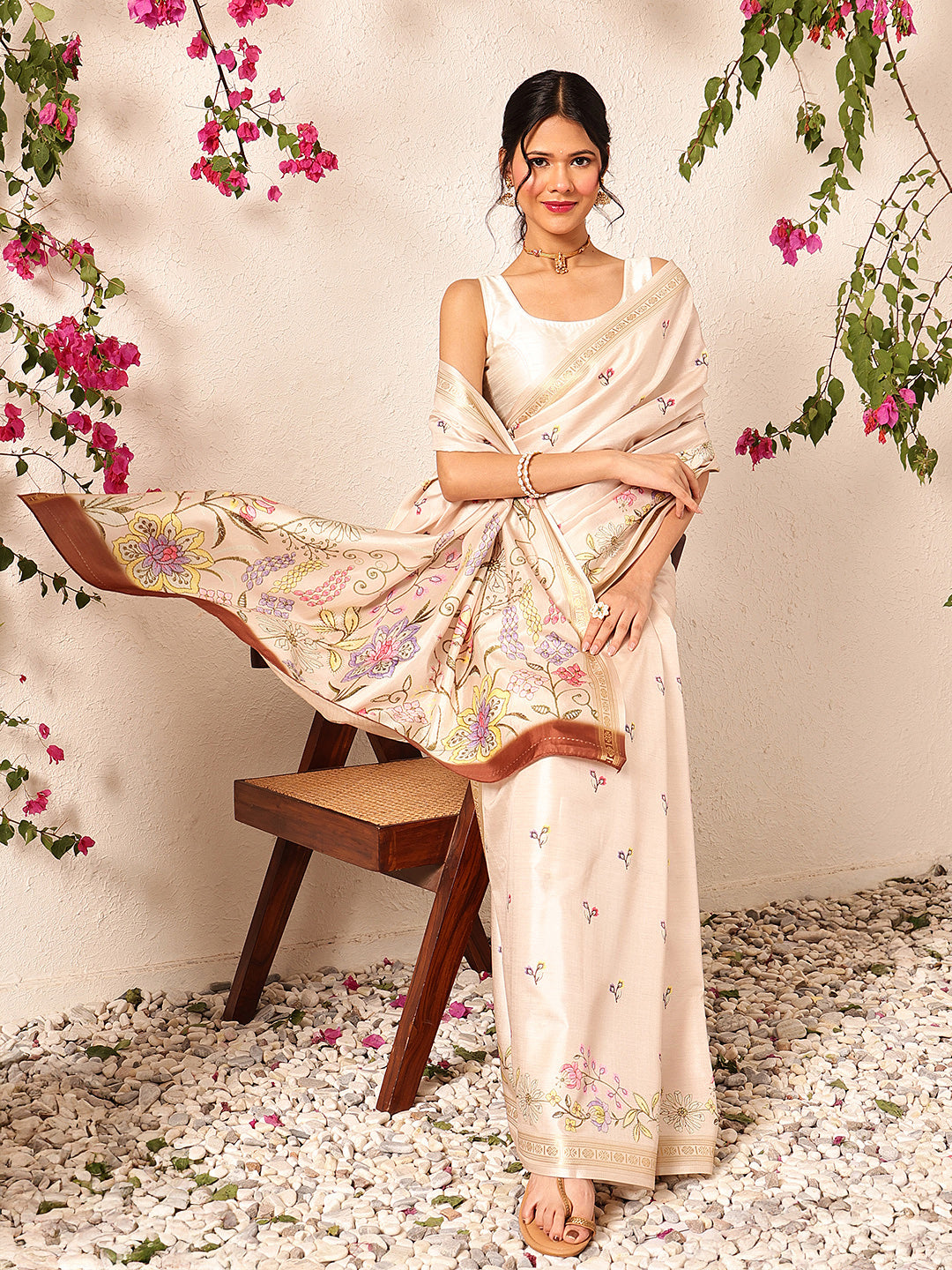 Hiral Fashion Beige Banarasi Art Silk Floral Digital Printed Saree