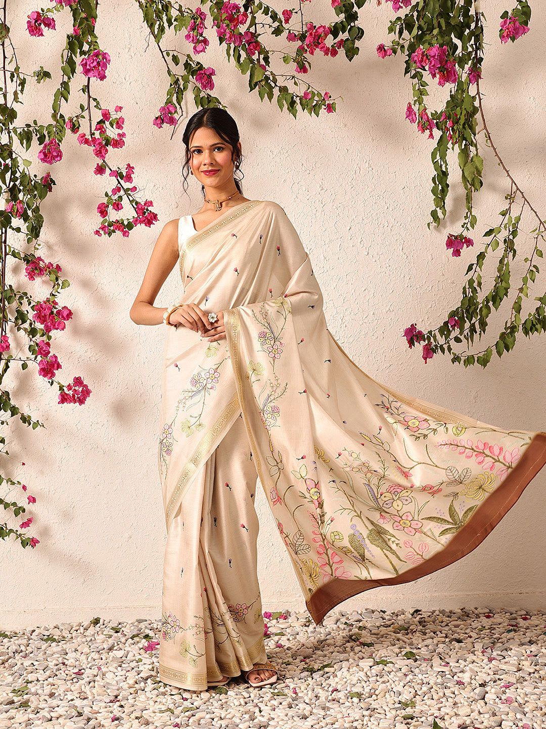 Hiral Fashion Beige Banarasi Art Silk Floral Digital Printed Saree
