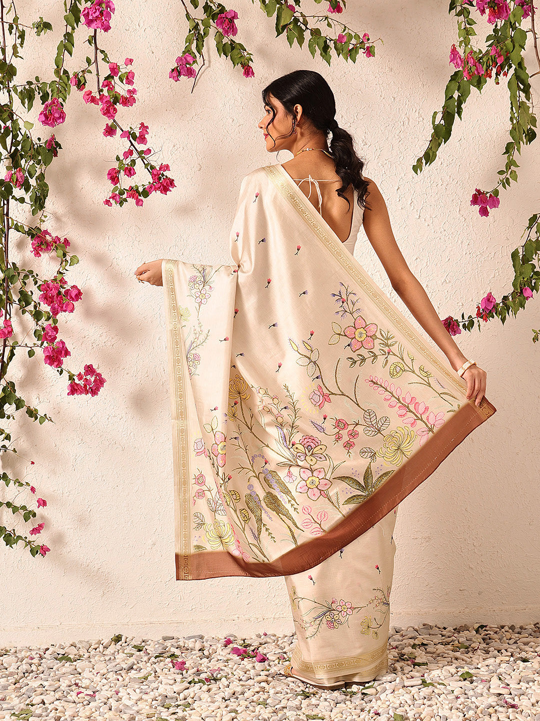 Hiral Fashion Beige Banarasi Art Silk Floral Digital Printed Saree
