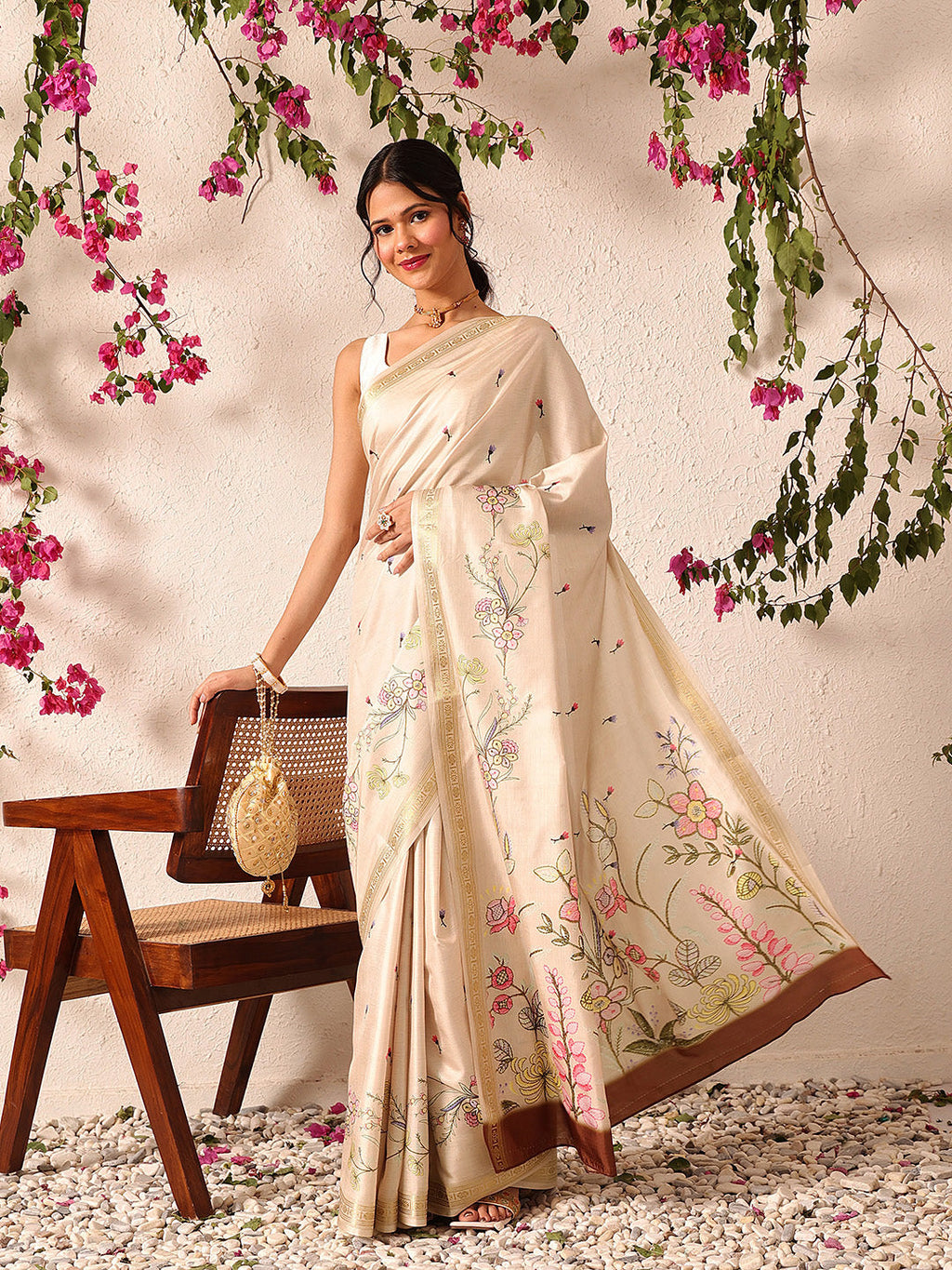 Hiral Fashion Beige Banarasi Art Silk Floral Digital Printed Saree