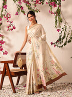 Hiral Fashion Beige Banarasi Art Silk Floral Digital Printed Saree