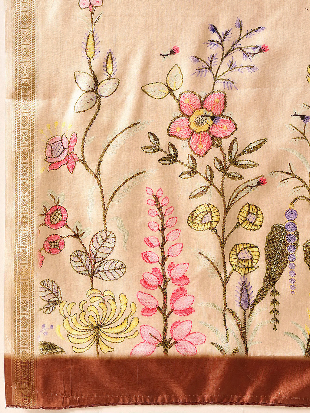 Hiral Fashion Beige Banarasi Art Silk Floral Digital Printed Saree