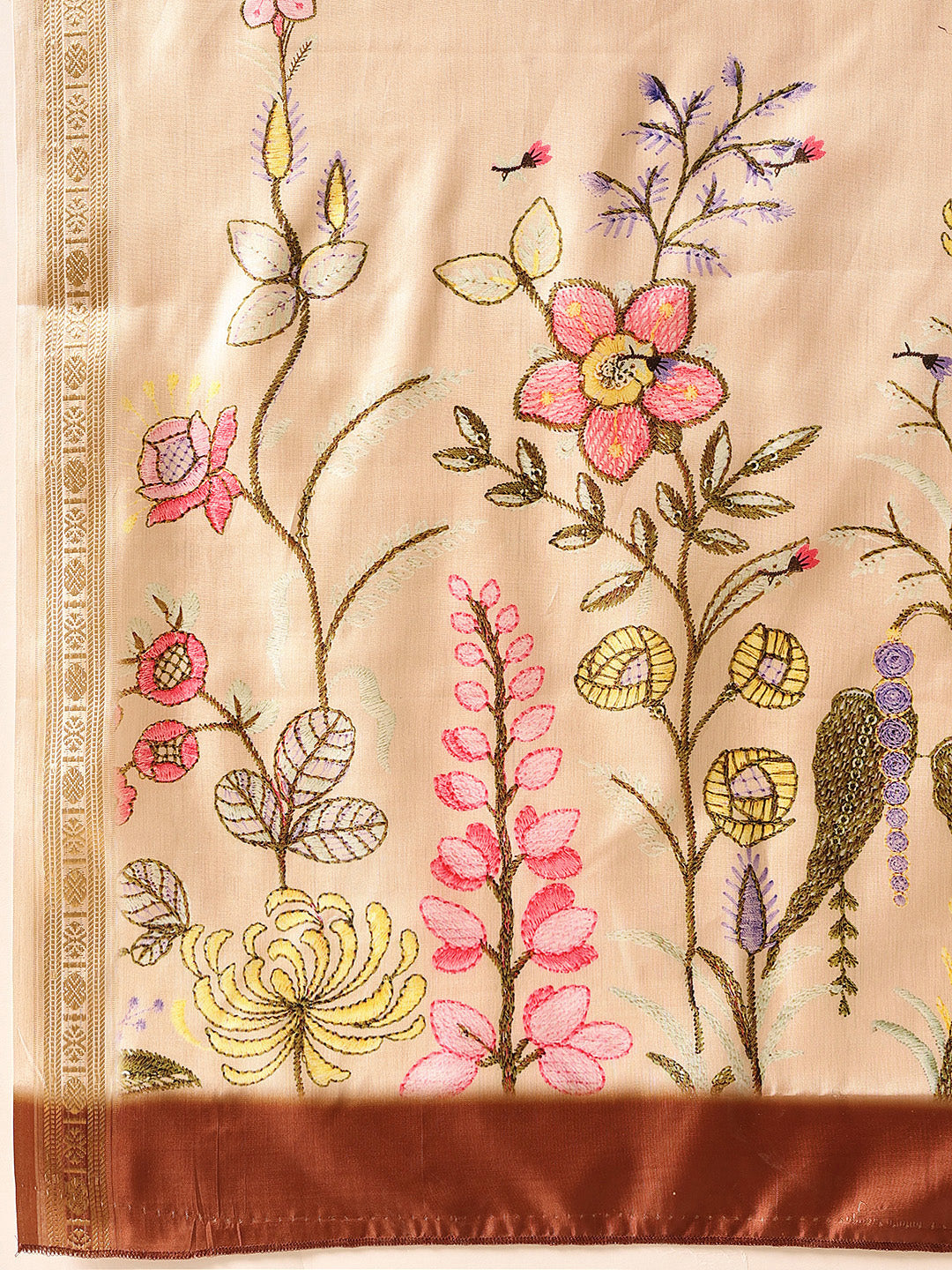 Hiral Fashion Beige Banarasi Art Silk Floral Digital Printed Saree