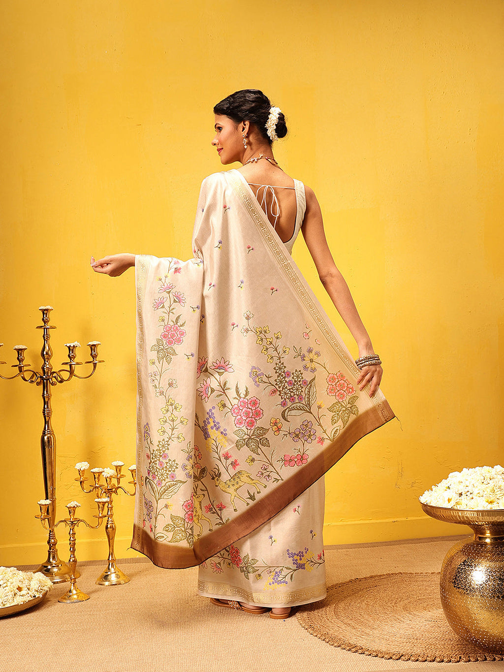 Hiral Fashion Beige Banarasi Art Silk Floral Digital Printed Saree