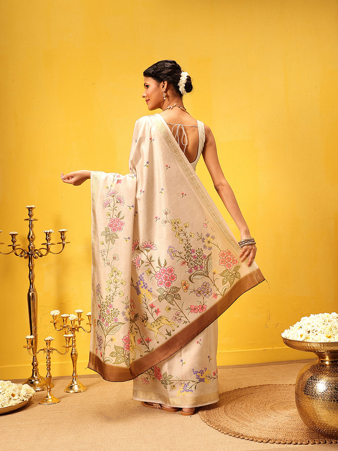 Hiral Fashion Beige Banarasi Art Silk Floral Digital Printed Saree