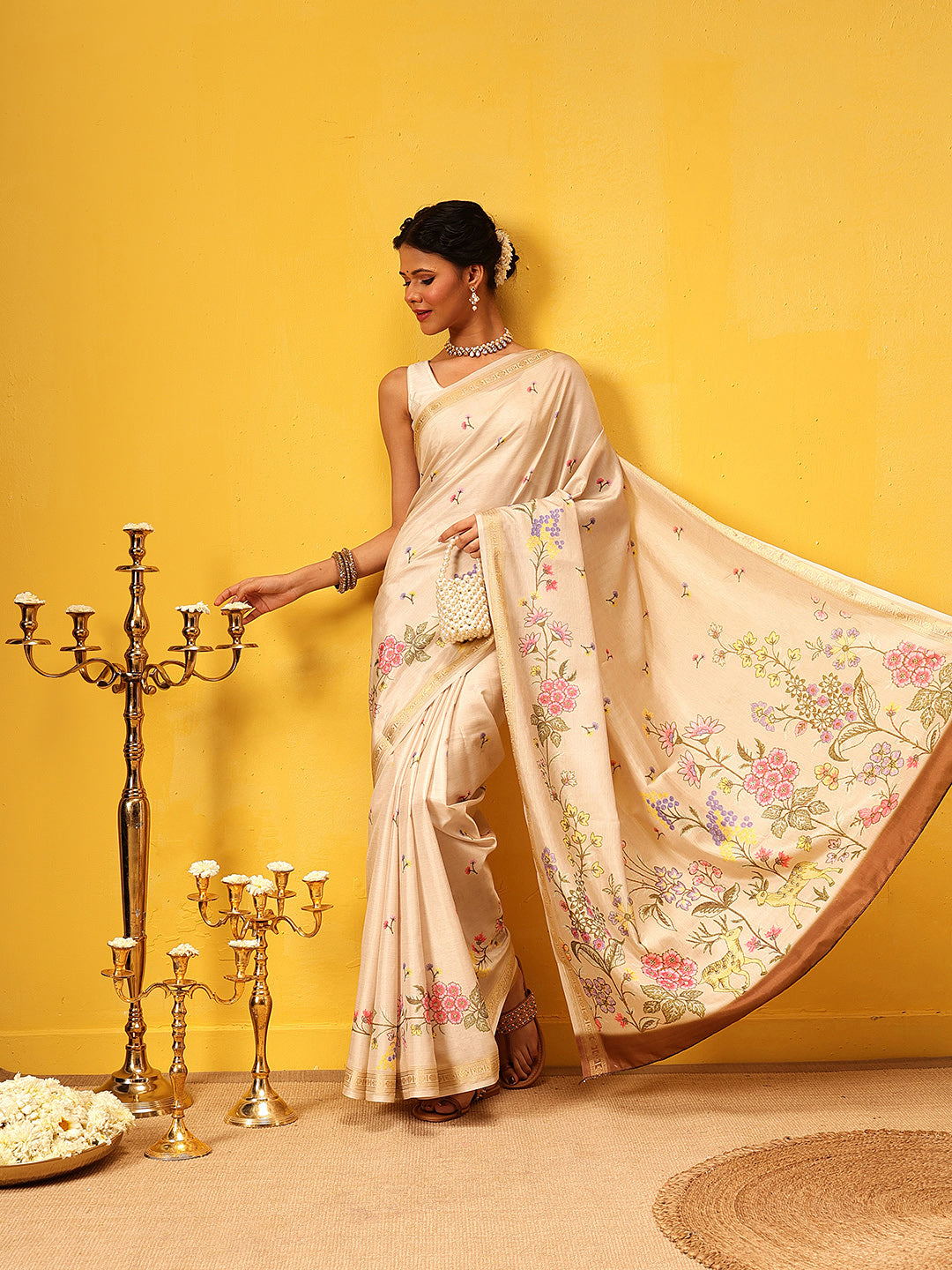 Hiral Fashion Beige Banarasi Art Silk Floral Digital Printed Saree