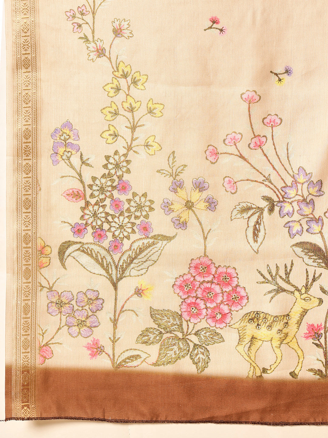 Hiral Fashion Beige Banarasi Art Silk Floral Digital Printed Saree